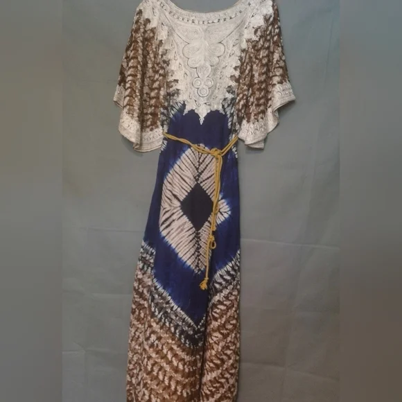 Vintage 70s Afro-centric heirloom robe wax print embroidered maxi length caftan - Picture 1 of 15